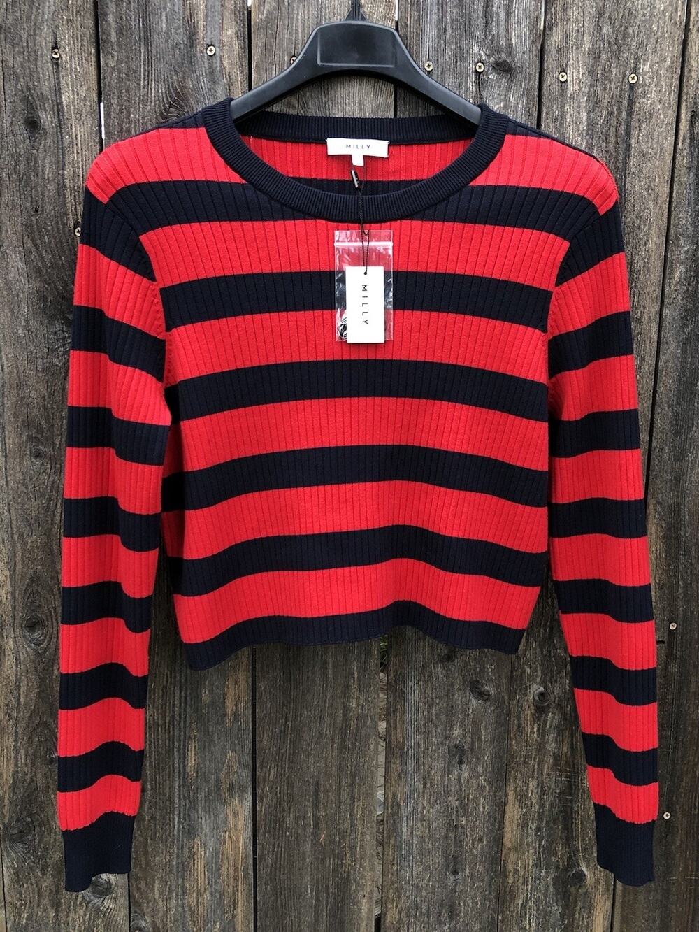 MILLY Women's Crew Neck Sweater Red Striped Sz L